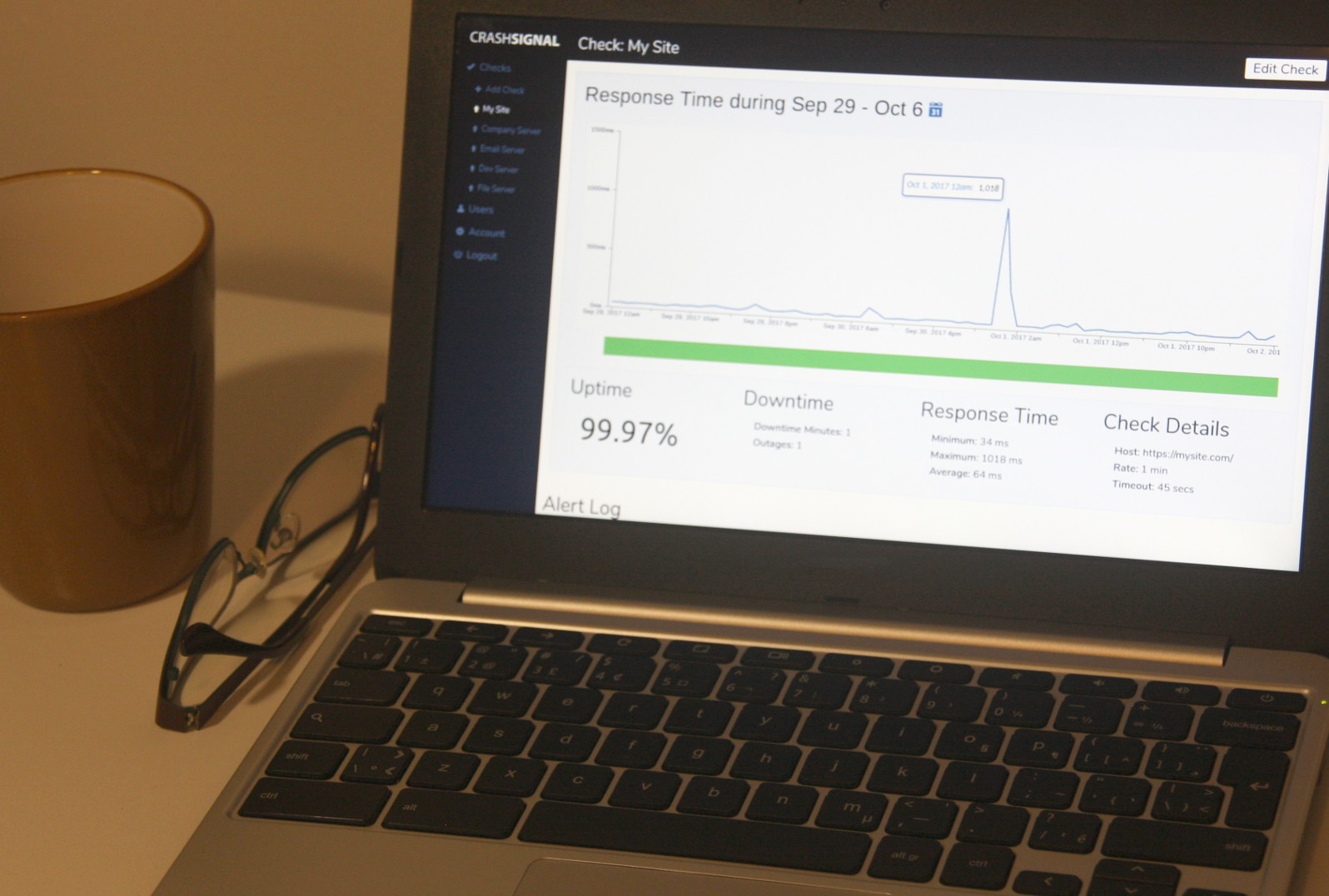 CrashSignal free uptime report and alert log on screen